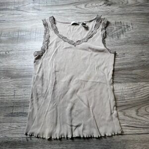 TINT Tank Top Womens‎ Large Beige Ribbed Lace Trim V-Neck Lettuce Hem AD97